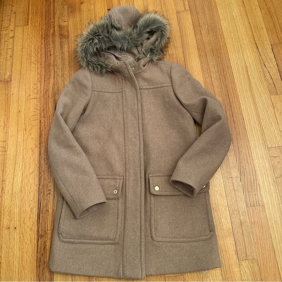 J. Crew Mercantile Sz 00 Tan Wool Blend Vail Coat Fur Trim Hood Preppy Heritage - Picture 2 of 12